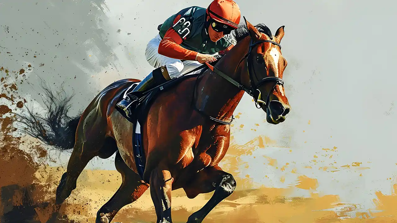A flat horse racing across the turf, in a mid 20th century painterly style