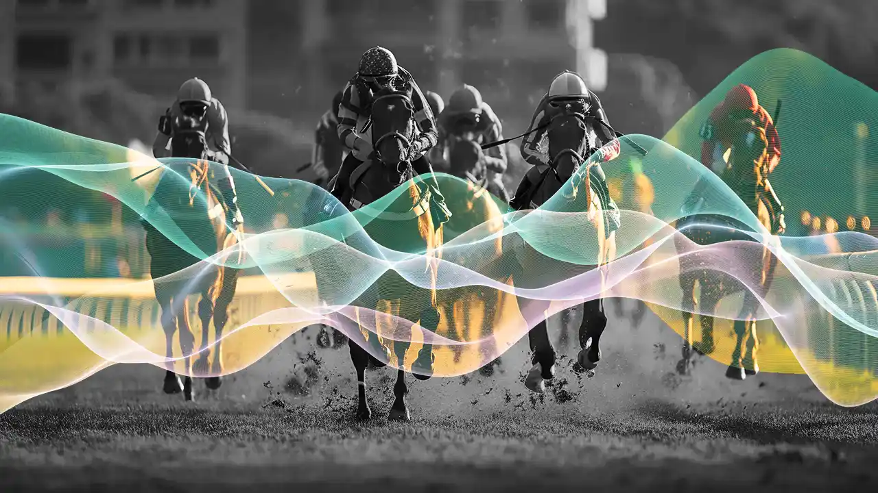 A horse race with an indicative wave of data superimposed over the top of them